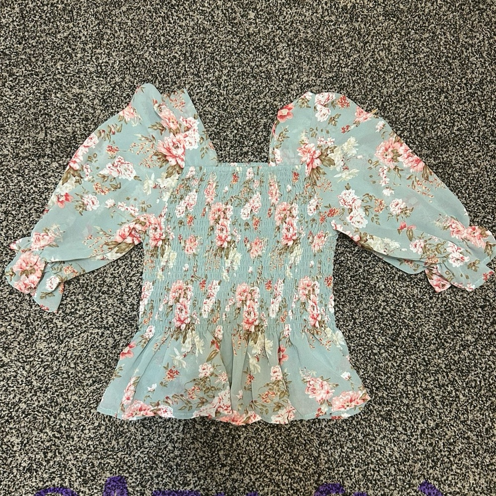 Bohme Blue Puff Sleeve Peplum Blouse